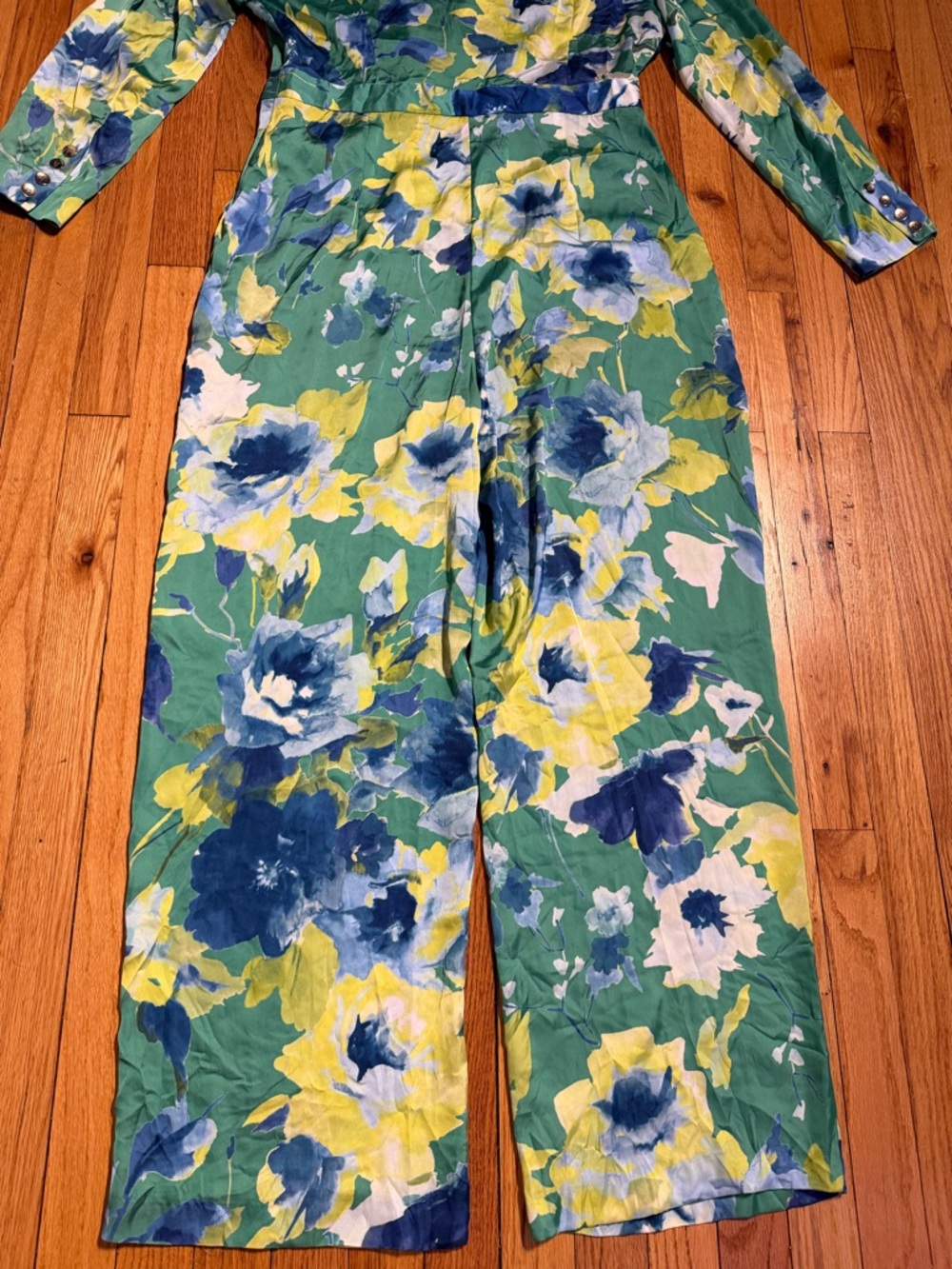 Zara Green Floral Jumpsuit long sleeve straight palazzo marble vibrant XL - Picture 8 of 9
